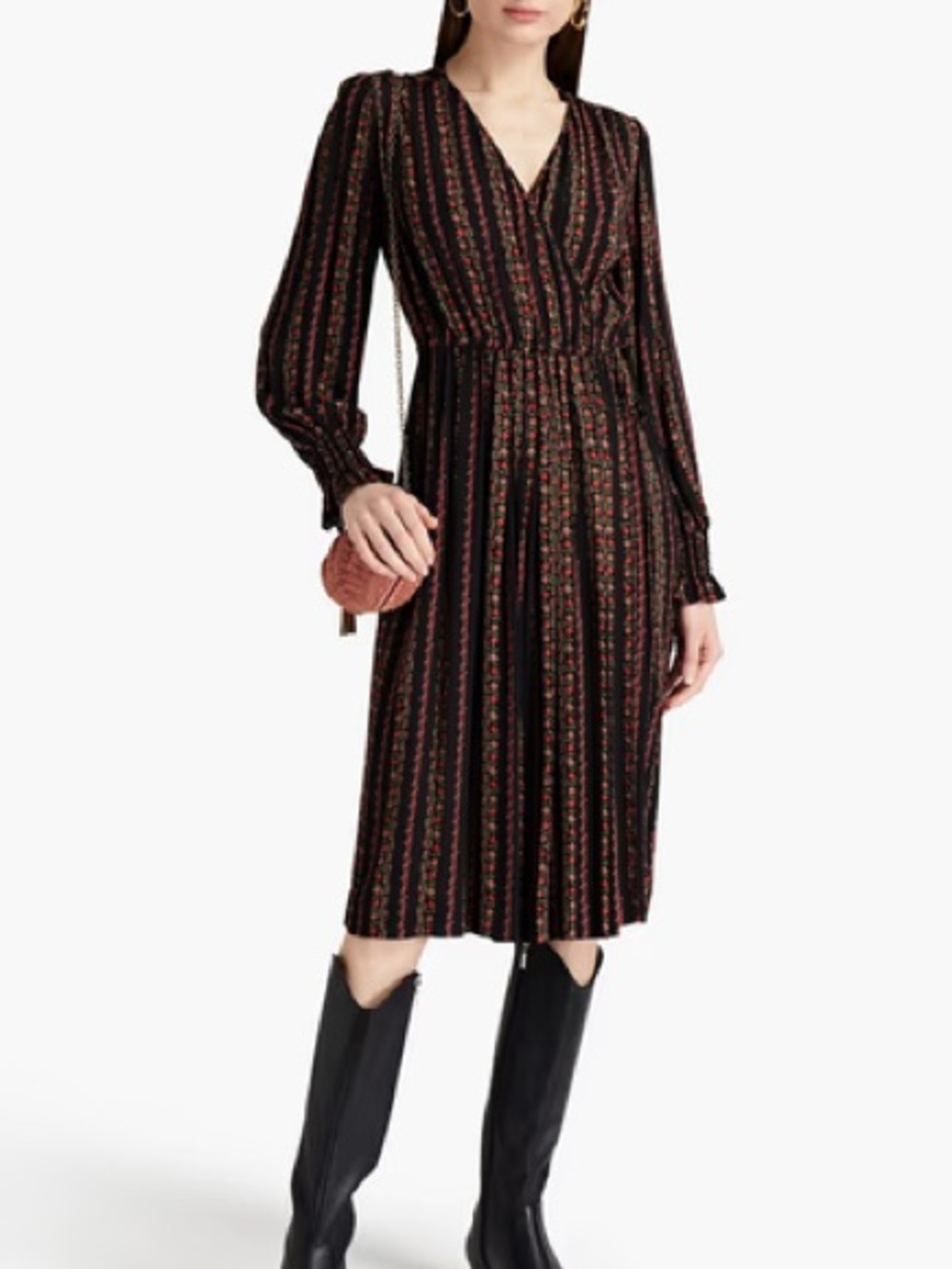 See by Chloe Pleated Floral Wrap Midi Dress Size Small